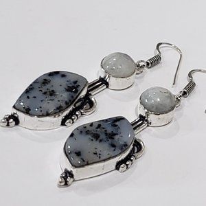 Dendrite opal, rainbow moonstone gemstone, 925 silver earrings